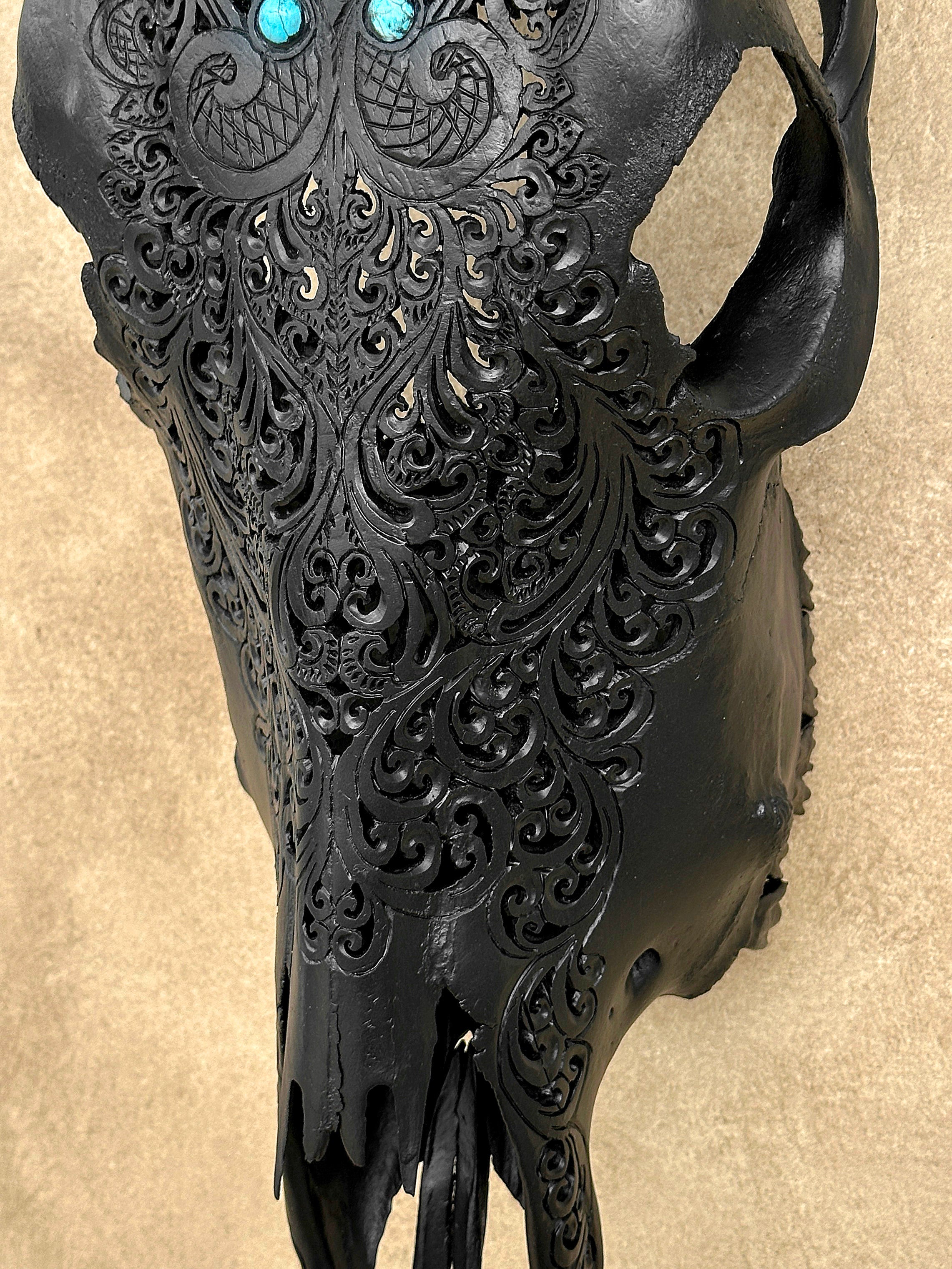 Carved Bull Skull with Turquoise Accents - Leaf motif | Skull,A/189