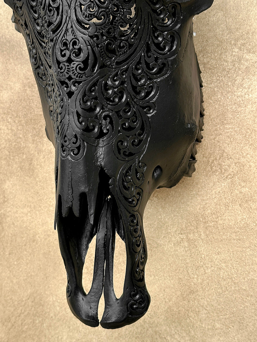 Carved Bull Skull with Turquoise Accents - Leaf motif | Skull,A/189