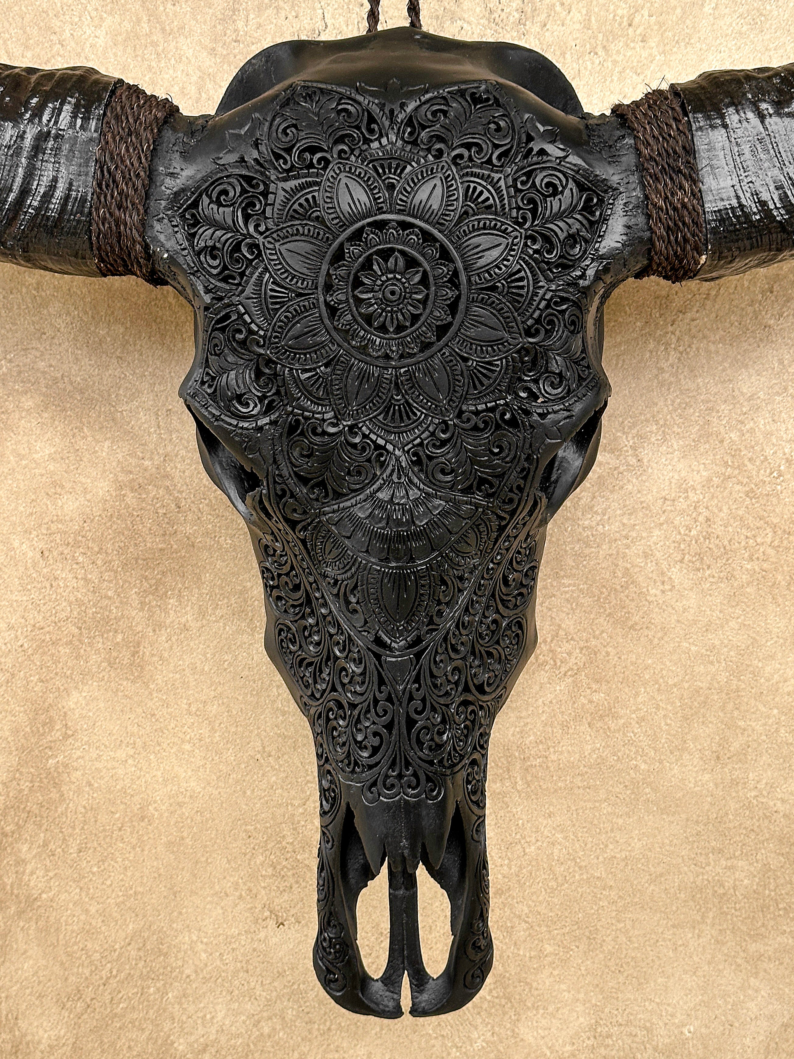 Caved Waterbuffalo Skulls with Flower Mandala Carving Skull,A/168