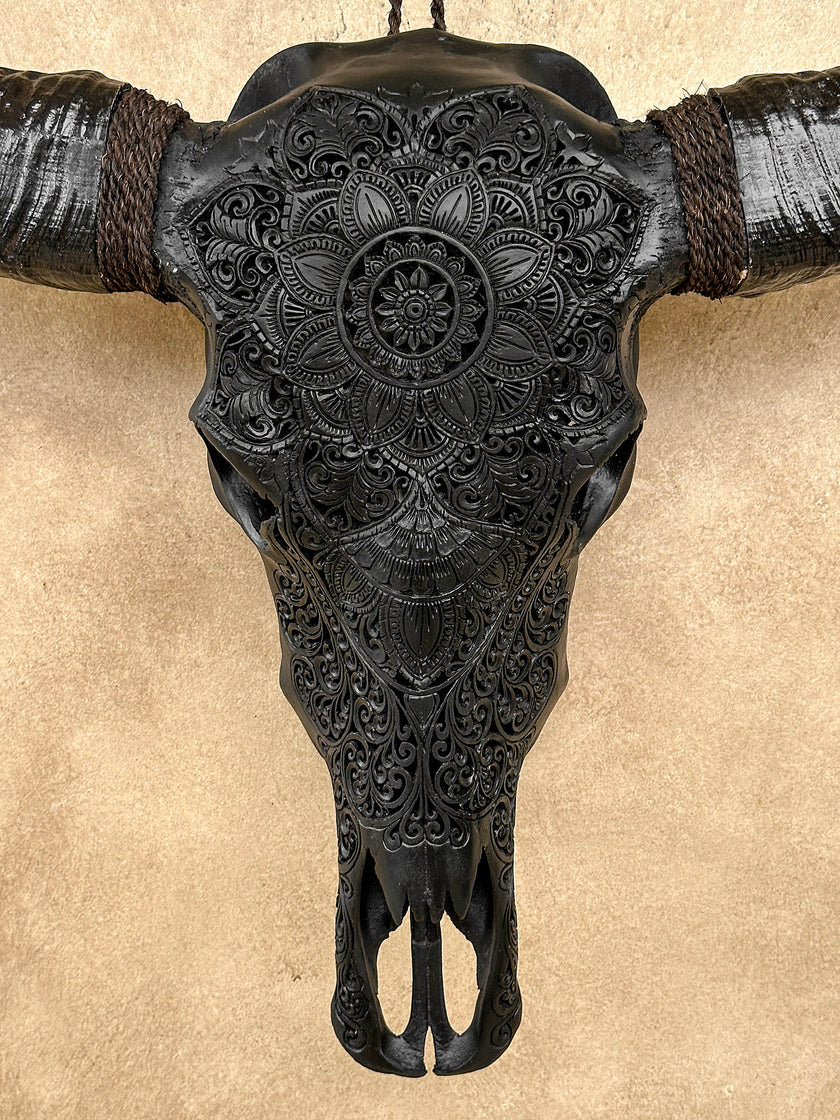 Caved Waterbuffalo Skulls with Flower Mandala Carving Skull,A/168