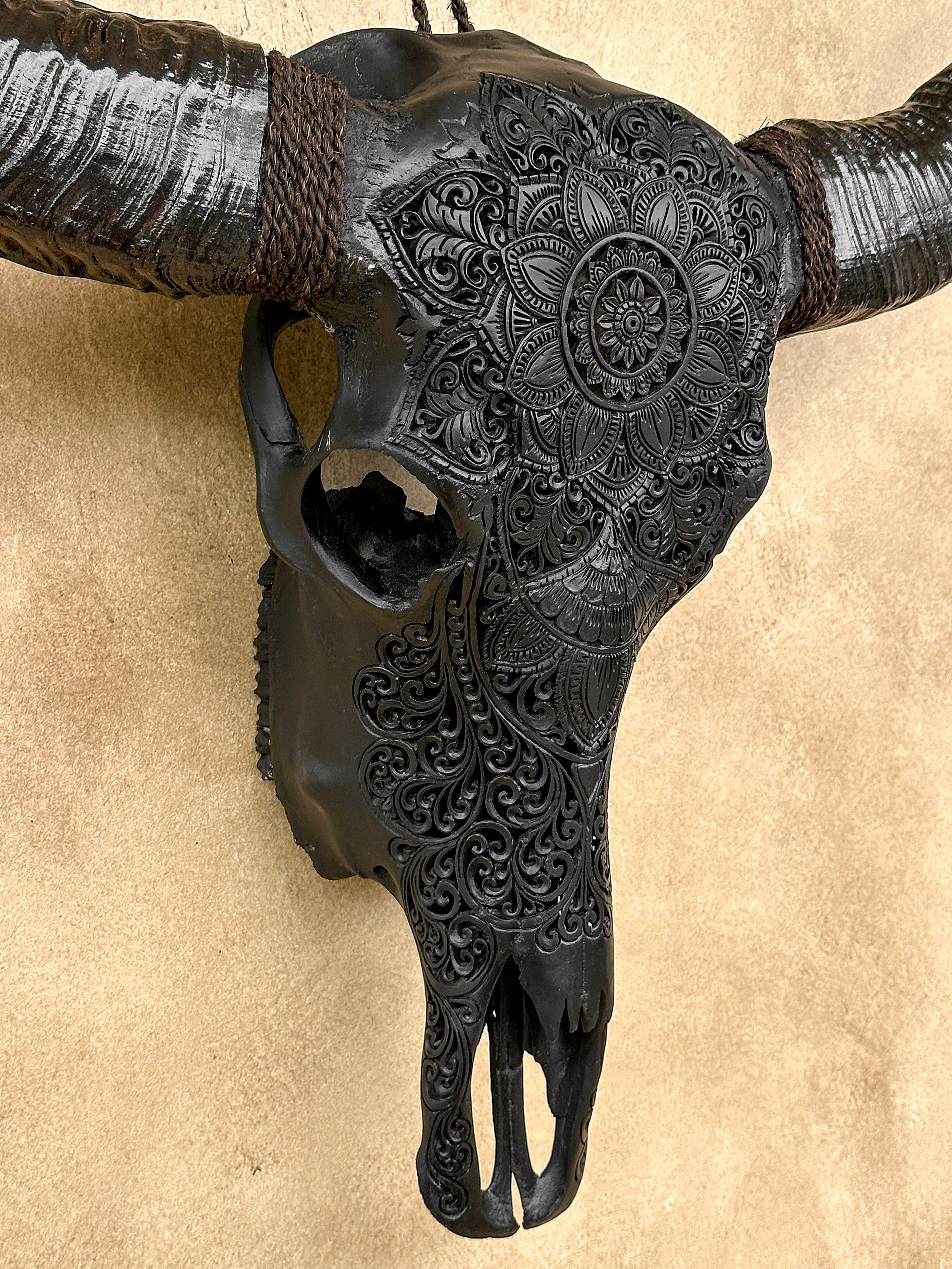 Caved Waterbuffalo Skulls with Flower Mandala Carving Skull,A/168