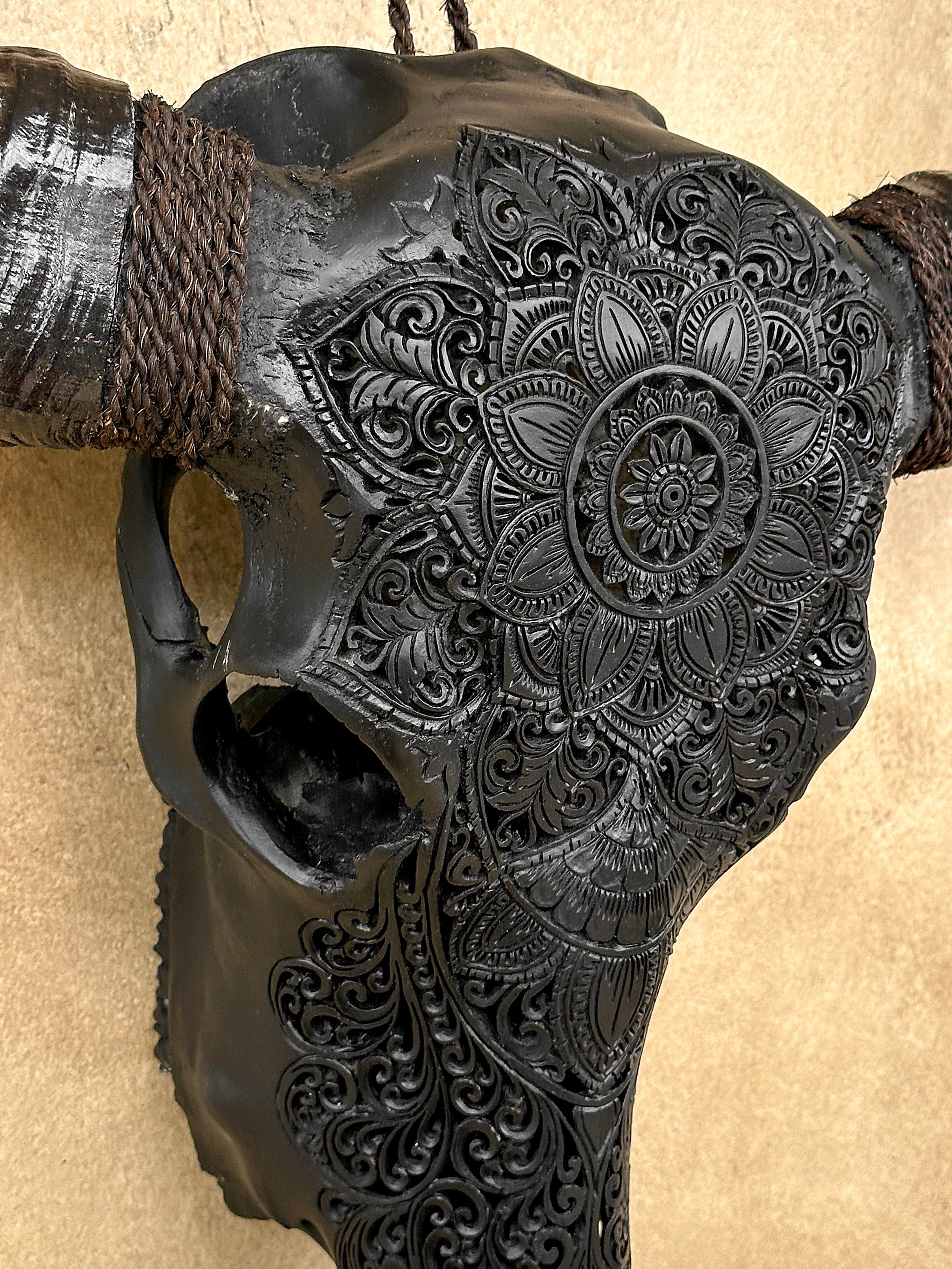 Caved Waterbuffalo Skulls with Flower Mandala Carving Skull,A/168