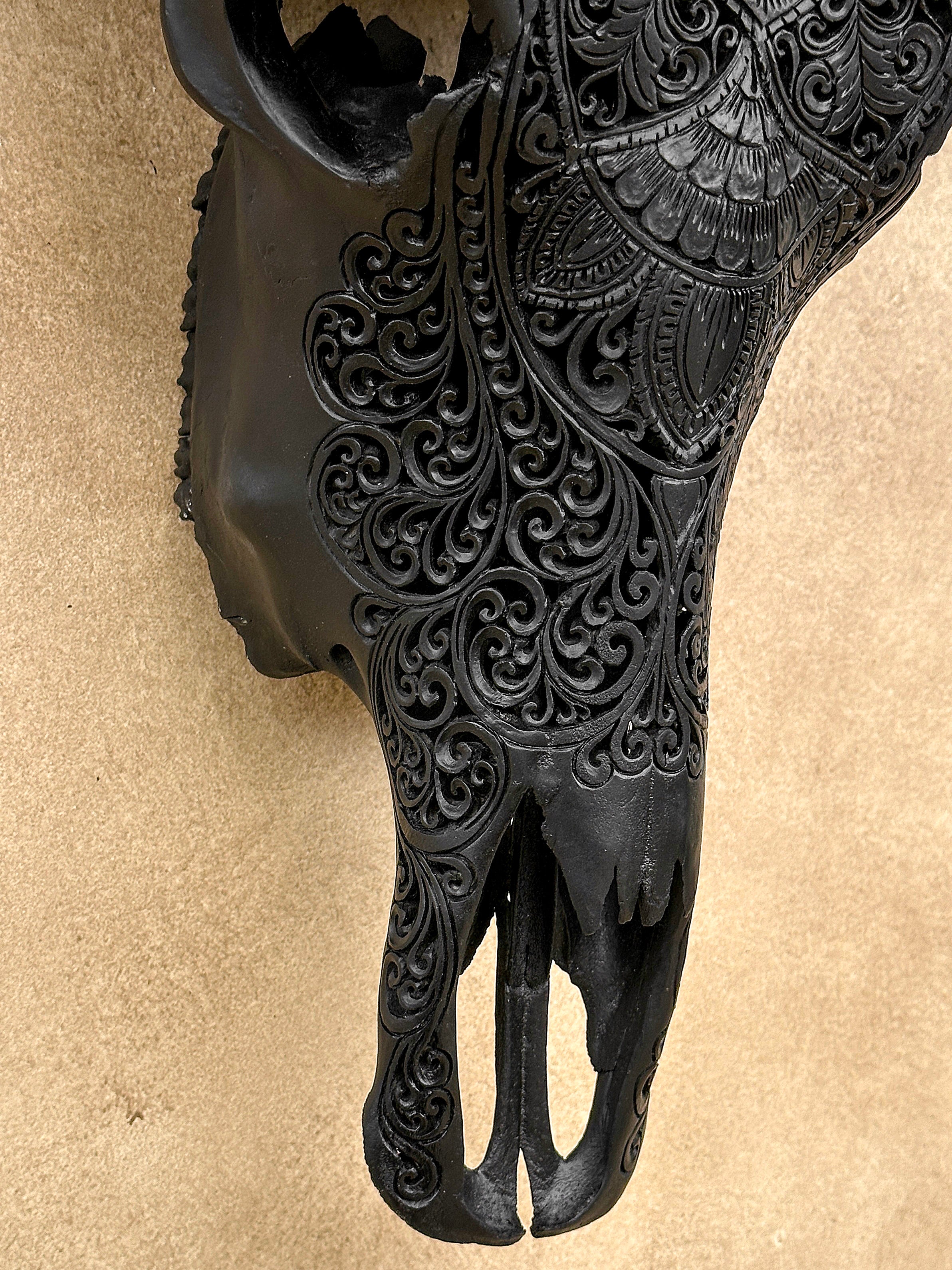 Caved Waterbuffalo Skulls with Flower Mandala Carving Skull,A/168