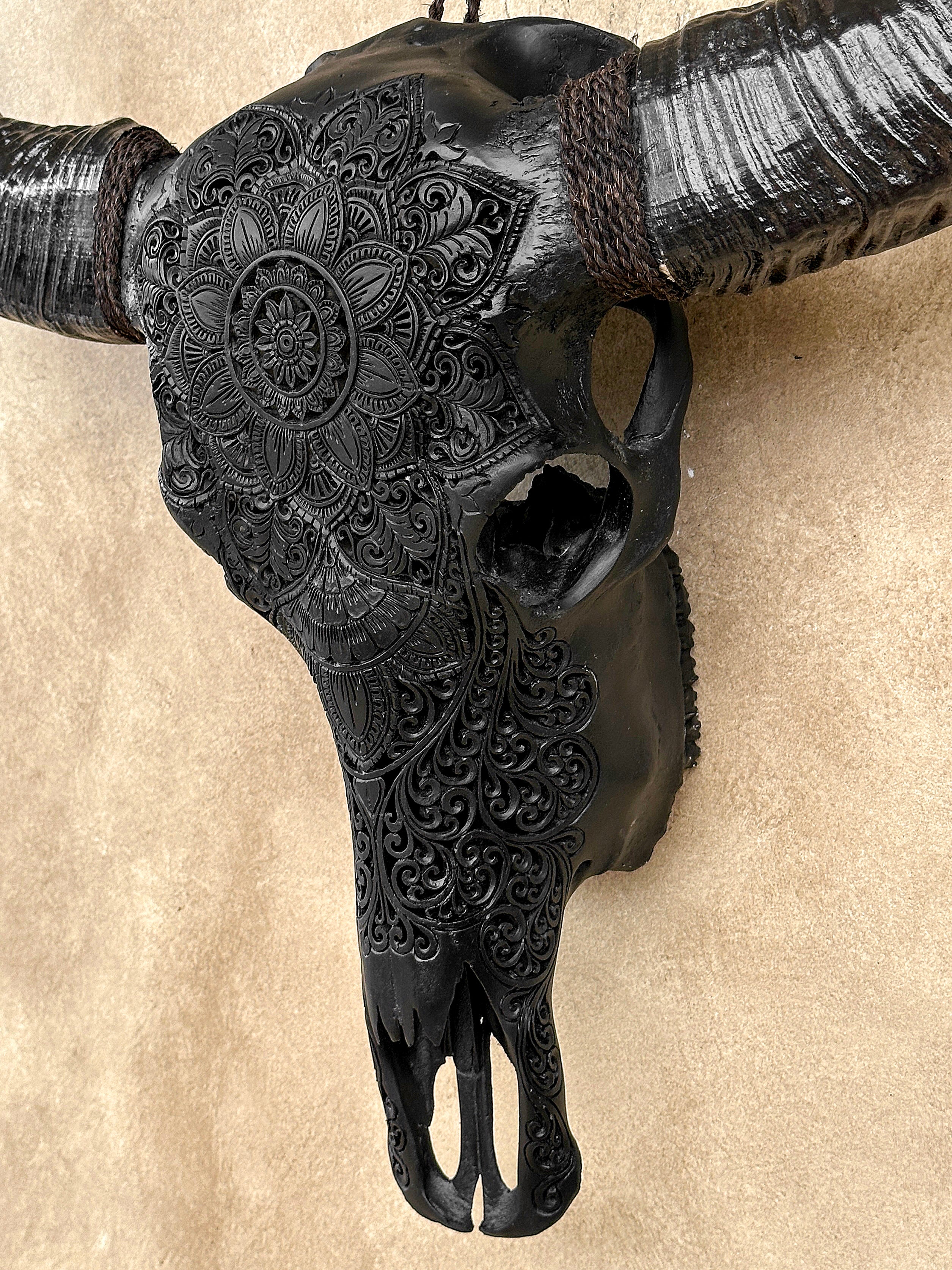 Caved Waterbuffalo Skulls with Flower Mandala Carving Skull,A/168