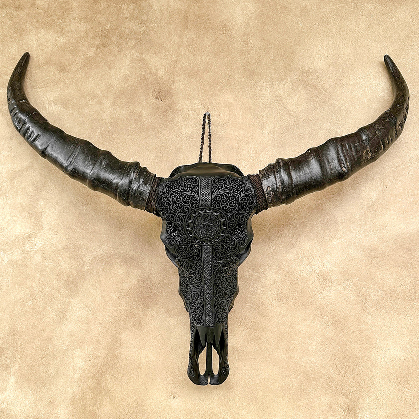 Caved Waterbuffalo Skulls with Flower Mandala Garis Carving Skull,A/167