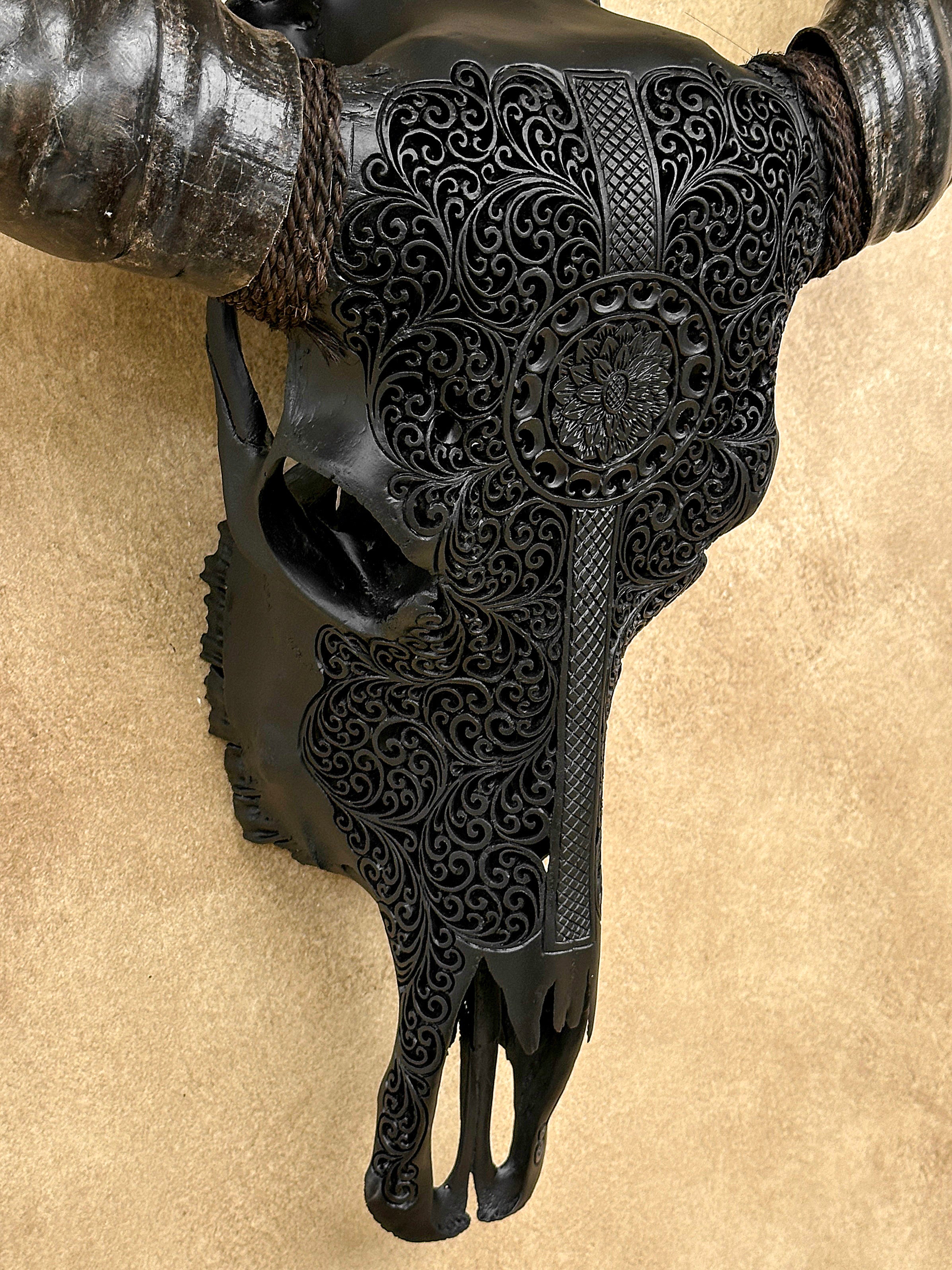Caved Waterbuffalo Skulls with Flower Mandala Garis Carving Skull,A/167