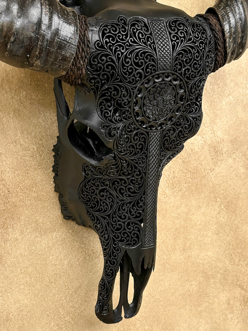 Caved Waterbuffalo Skulls with Flower Mandala Garis Carving Skull,A/167