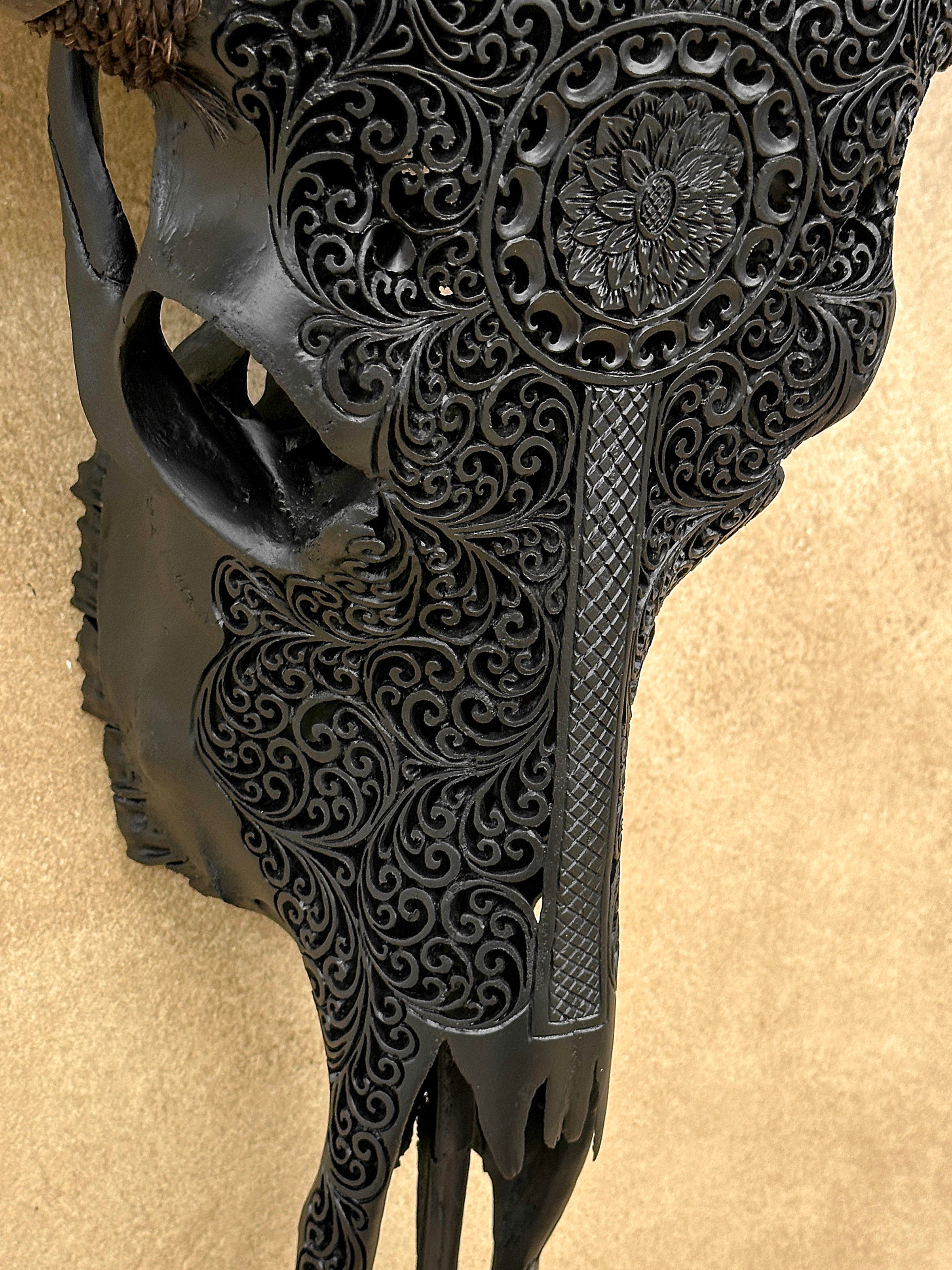 Caved Waterbuffalo Skulls with Flower Mandala Garis Carving Skull,A/167