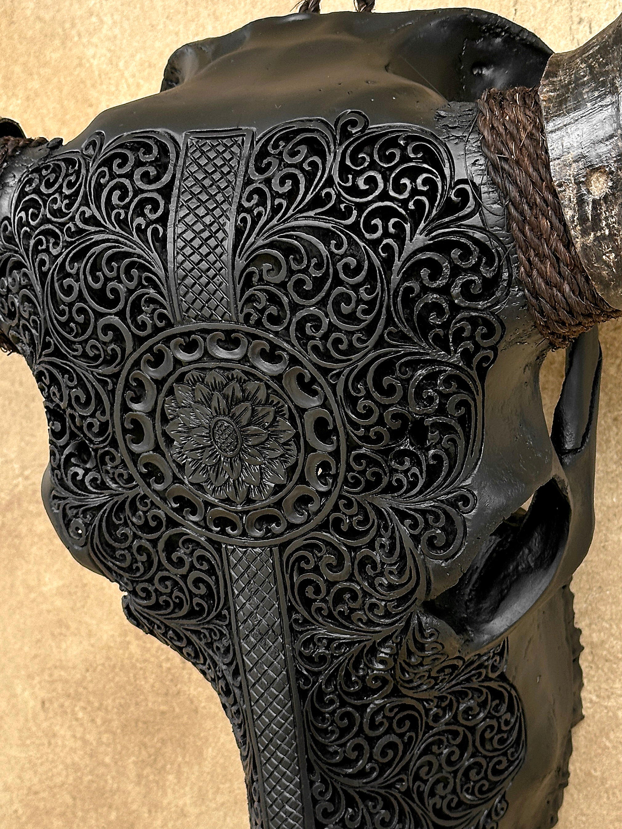 Caved Waterbuffalo Skulls with Flower Mandala Garis Carving Skull,A/167