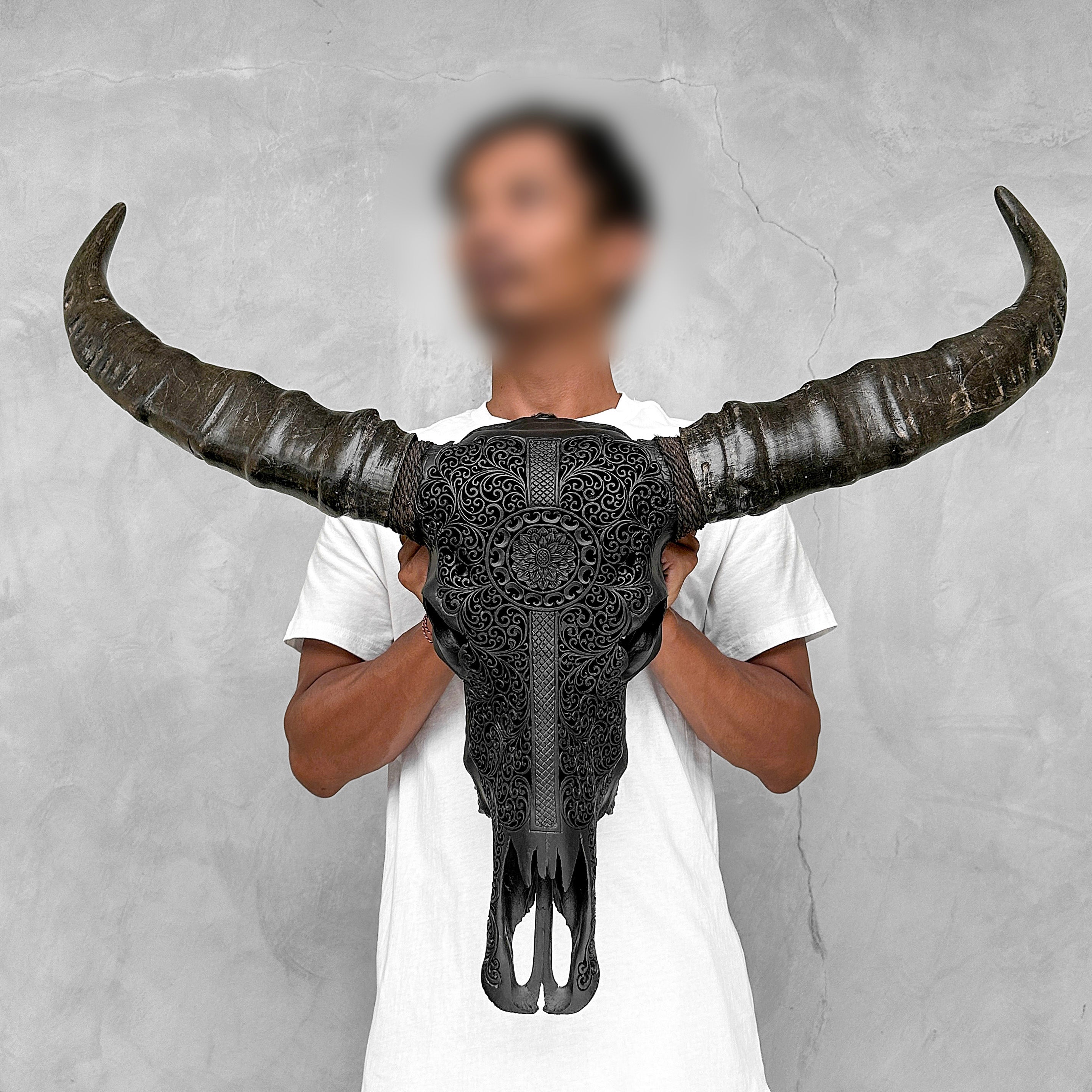 Caved Waterbuffalo Skulls with Flower Mandala Garis Carving Skull,A/167