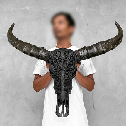 Caved Waterbuffalo Skulls with Flower Mandala Garis Carving Skull,A/167