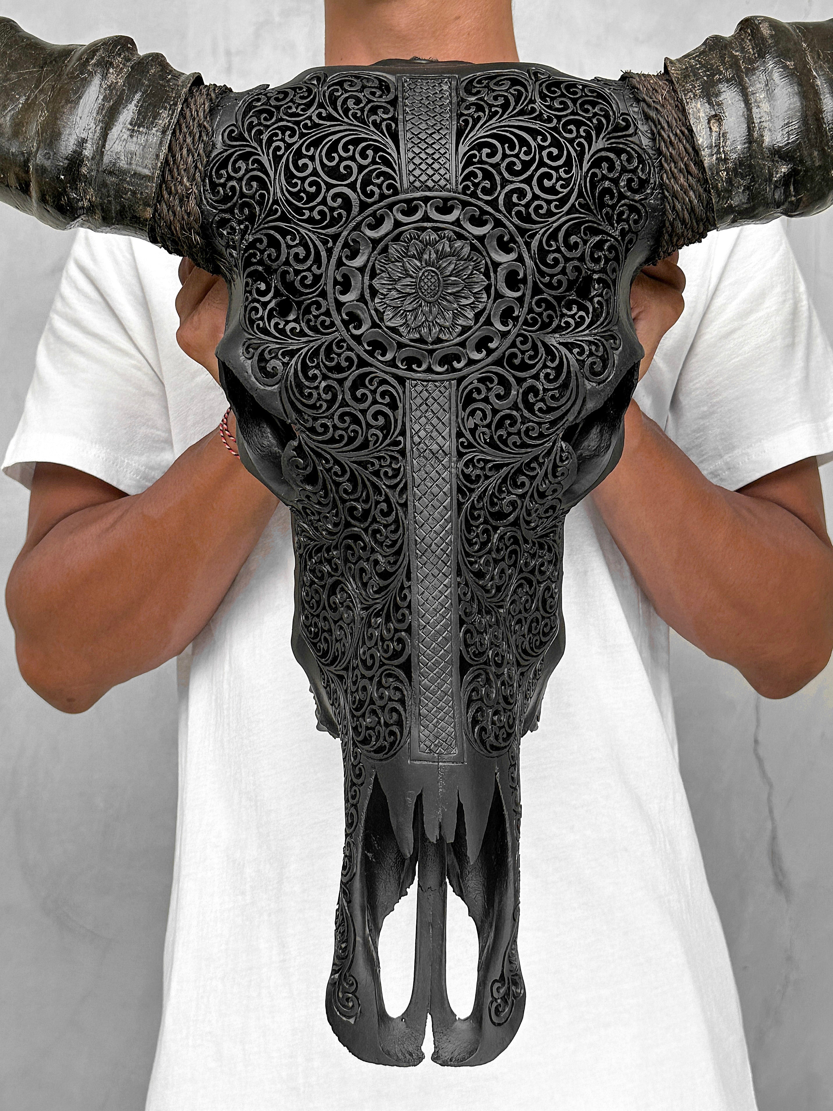 Caved Waterbuffalo Skulls with Flower Mandala Garis Carving Skull,A/167