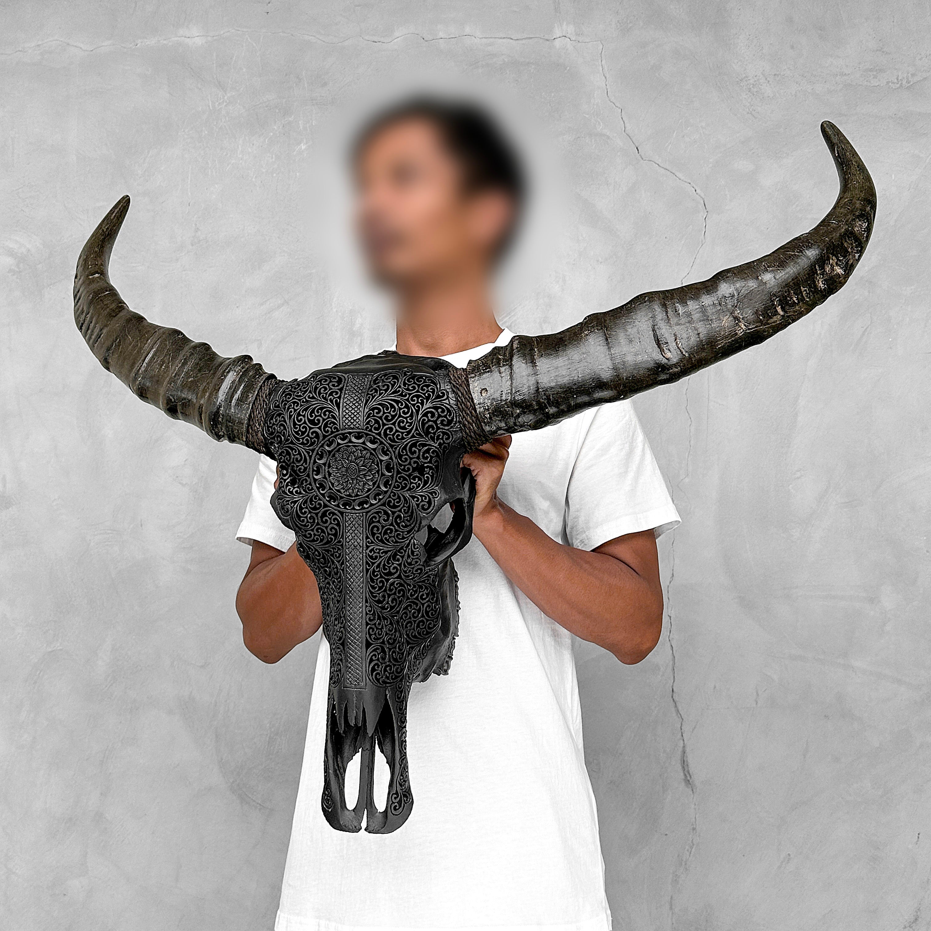 Caved Waterbuffalo Skulls with Flower Mandala Garis Carving Skull,A/167