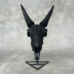 Black Carved Goat Skull & Horns on Stand - Traditional Balinese Engravings – Unique Gothic Boho Home Decor, Rustic Wall Mount - F4/101