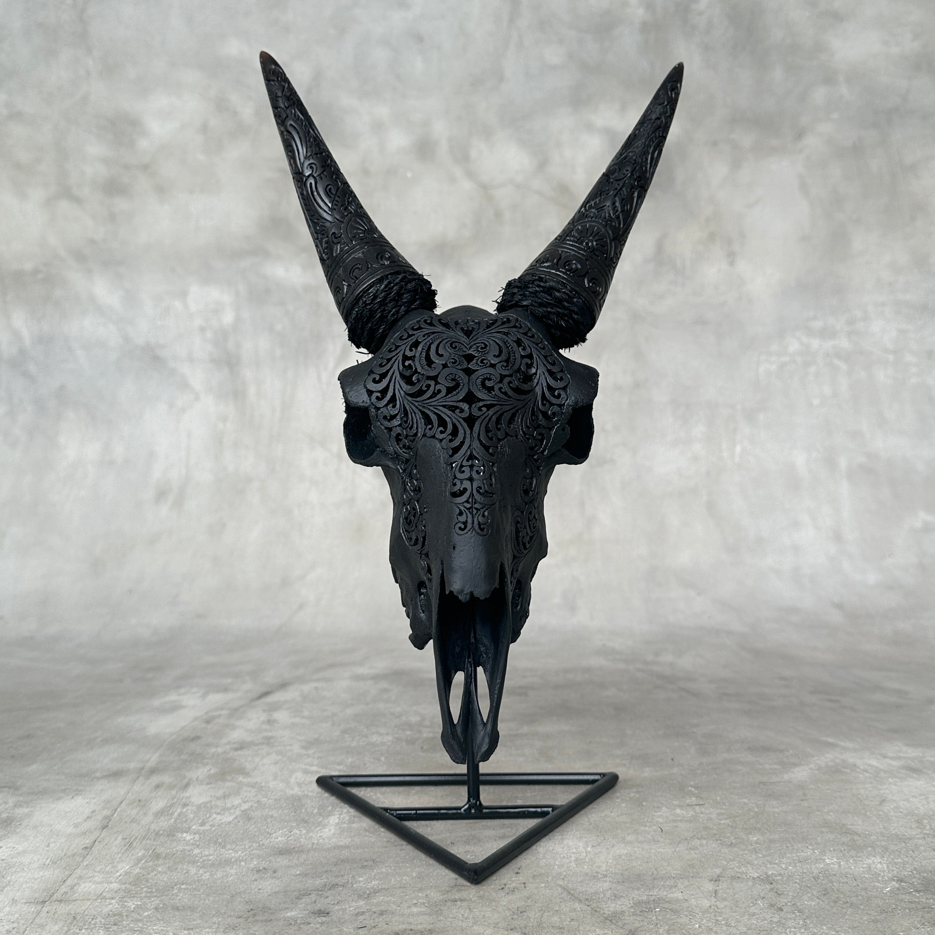 Black Carved Goat Skull & Horns on Stand - Traditional Balinese Engravings – Unique Gothic Boho Home Decor, Rustic Wall Mount - F4/101