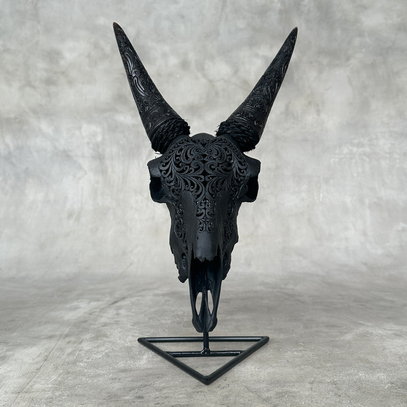 Black Carved Goat Skull & Horns on Stand - Traditional Balinese Engravings – Unique Gothic Boho Home Decor, Rustic Wall Mount