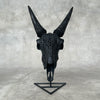 Black Carved Goat Skull & Horns on Stand - Traditional Balinese Engravings – Unique Gothic Boho Home Decor, Rustic Wall Mount - F4/101