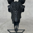 Black Carved Goat Skull & Horns on Stand - Traditional Balinese Engravings – Unique Gothic Boho Home Decor, Rustic Wall Mount - F4/101