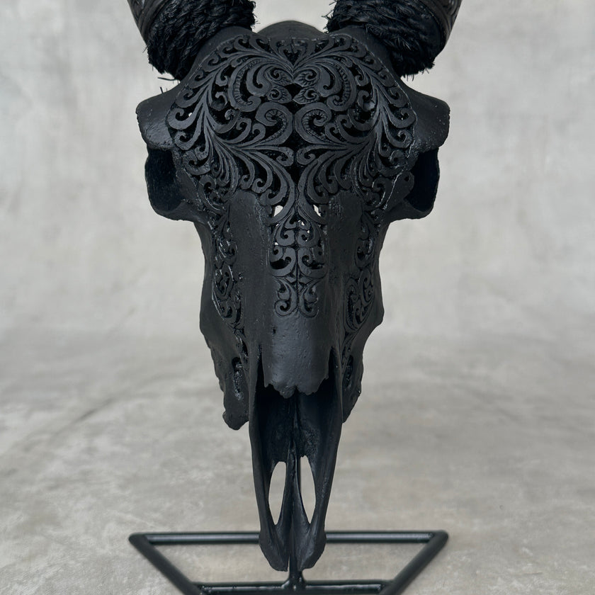 Black Carved Goat Skull & Horns on Stand - Traditional Balinese Engravings – Unique Gothic Boho Home Decor, Rustic Wall Mount