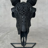 Black Carved Goat Skull & Horns on Stand - Traditional Balinese Engravings – Unique Gothic Boho Home Decor, Rustic Wall Mount - F4/101