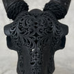 Black Carved Goat Skull & Horns on Stand - Traditional Balinese Engravings – Unique Gothic Boho Home Decor, Rustic Wall Mount - F4/101