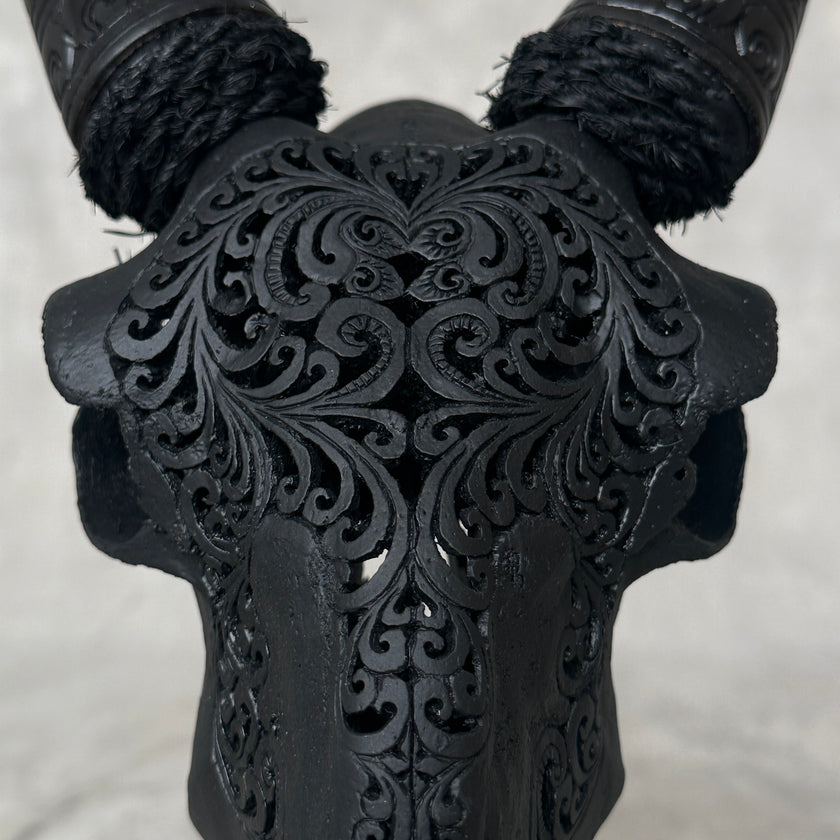 Black Carved Goat Skull & Horns on Stand - Traditional Balinese Engravings – Unique Gothic Boho Home Decor, Rustic Wall Mount