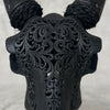 Black Carved Goat Skull & Horns on Stand - Traditional Balinese Engravings – Unique Gothic Boho Home Decor, Rustic Wall Mount - F4/101