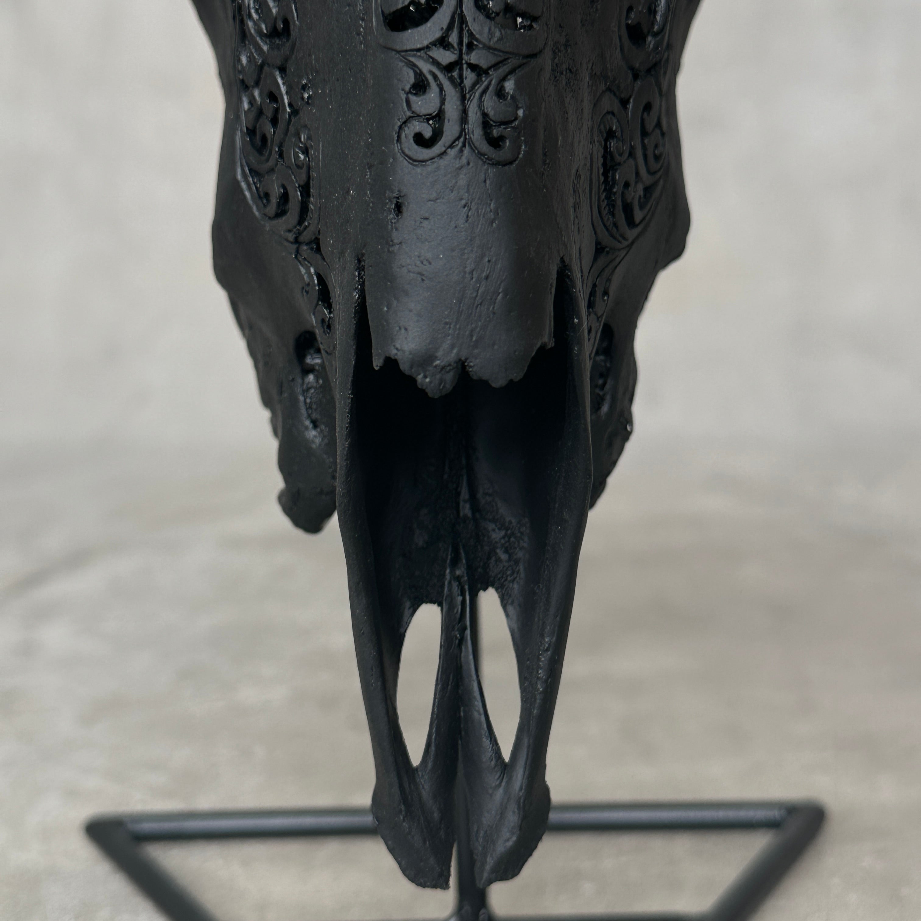Black Carved Goat Skull & Horns on Stand - Traditional Balinese Engravings – Unique Gothic Boho Home Decor, Rustic Wall Mount - F4/101