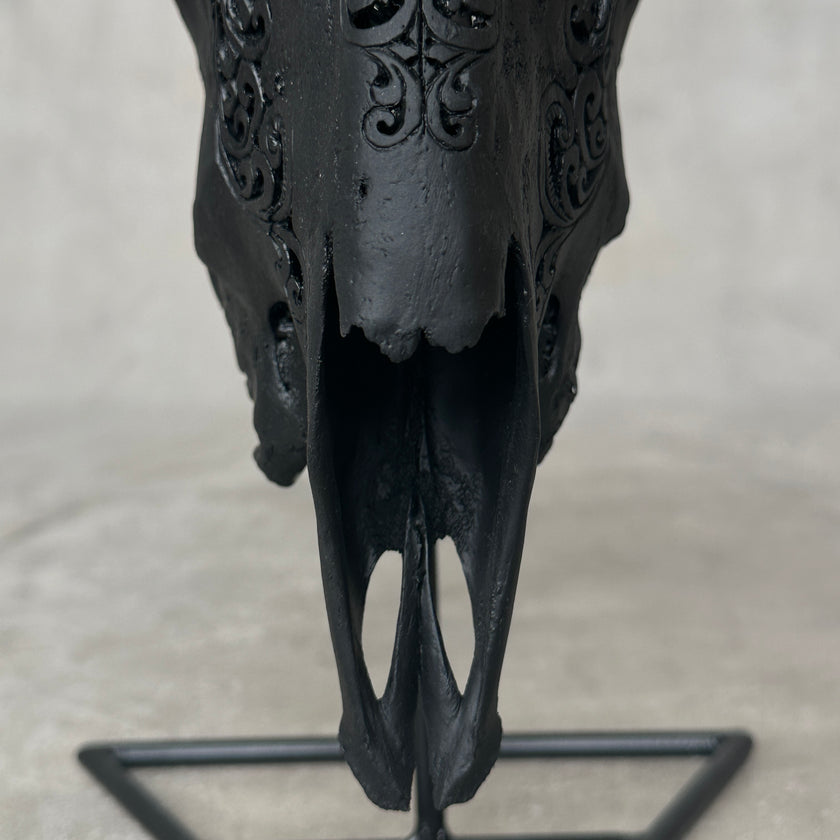 Black Carved Goat Skull & Horns on Stand - Traditional Balinese Engravings – Unique Gothic Boho Home Decor, Rustic Wall Mount