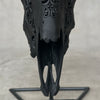Black Carved Goat Skull & Horns on Stand - Traditional Balinese Engravings – Unique Gothic Boho Home Decor, Rustic Wall Mount - F4/101