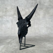 Black Carved Goat Skull & Horns on Stand - Traditional Balinese Engravings – Unique Gothic Boho Home Decor, Rustic Wall Mount - F4/101