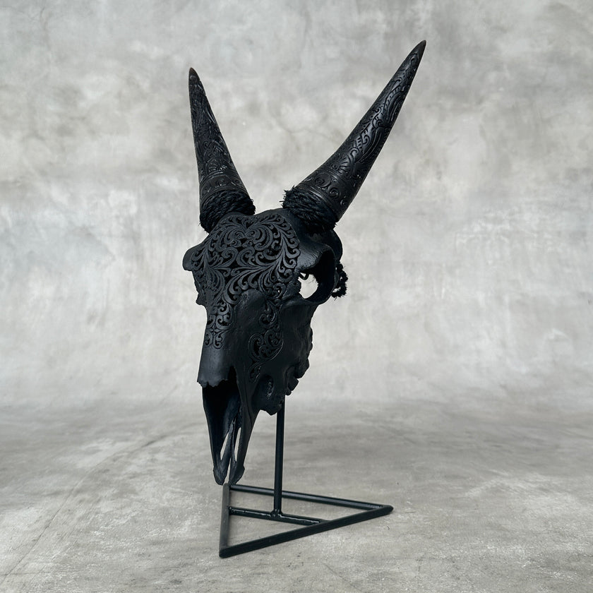 Black Carved Goat Skull & Horns on Stand - Traditional Balinese Engravings – Unique Gothic Boho Home Decor, Rustic Wall Mount