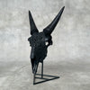 Black Carved Goat Skull & Horns on Stand - Traditional Balinese Engravings – Unique Gothic Boho Home Decor, Rustic Wall Mount - F4/101