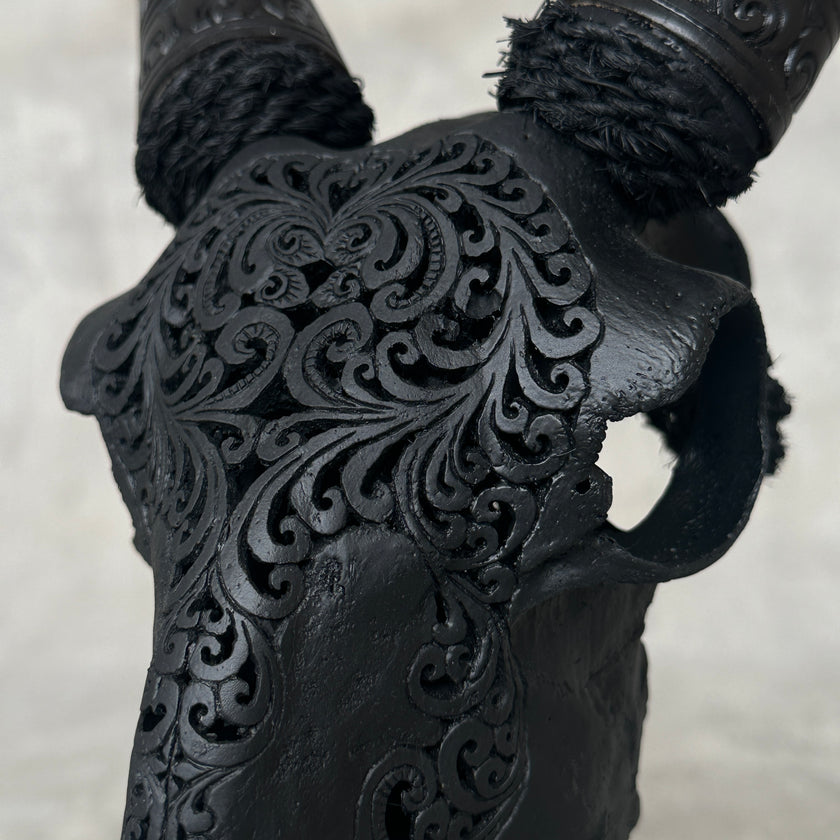 Black Carved Goat Skull & Horns on Stand - Traditional Balinese Engravings – Unique Gothic Boho Home Decor, Rustic Wall Mount