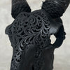 Black Carved Goat Skull & Horns on Stand - Traditional Balinese Engravings – Unique Gothic Boho Home Decor, Rustic Wall Mount - F4/101