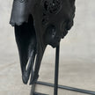 Black Carved Goat Skull & Horns on Stand - Traditional Balinese Engravings – Unique Gothic Boho Home Decor, Rustic Wall Mount - F4/101