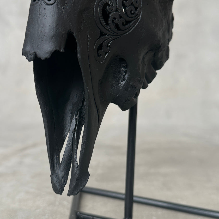 Black Carved Goat Skull & Horns on Stand - Traditional Balinese Engravings – Unique Gothic Boho Home Decor, Rustic Wall Mount