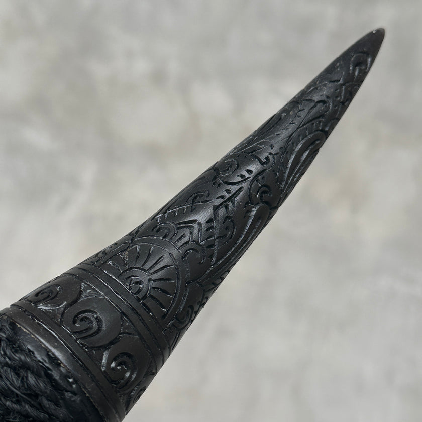 Black Carved Goat Skull & Horns on Stand - Traditional Balinese Engravings – Unique Gothic Boho Home Decor, Rustic Wall Mount