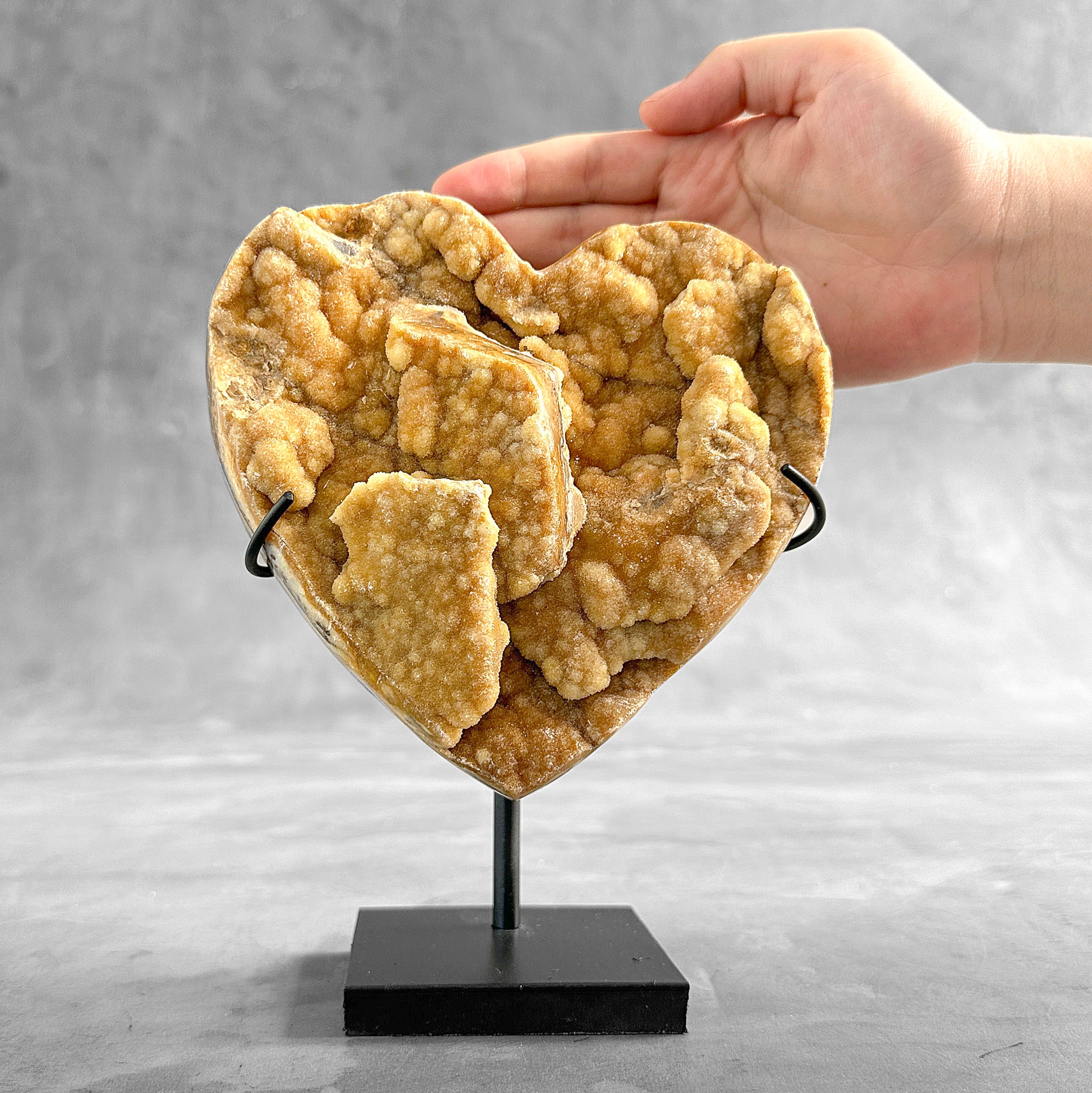 Stunning Heart Shape of Yellow Crystal Rock on a custom stand CH/513