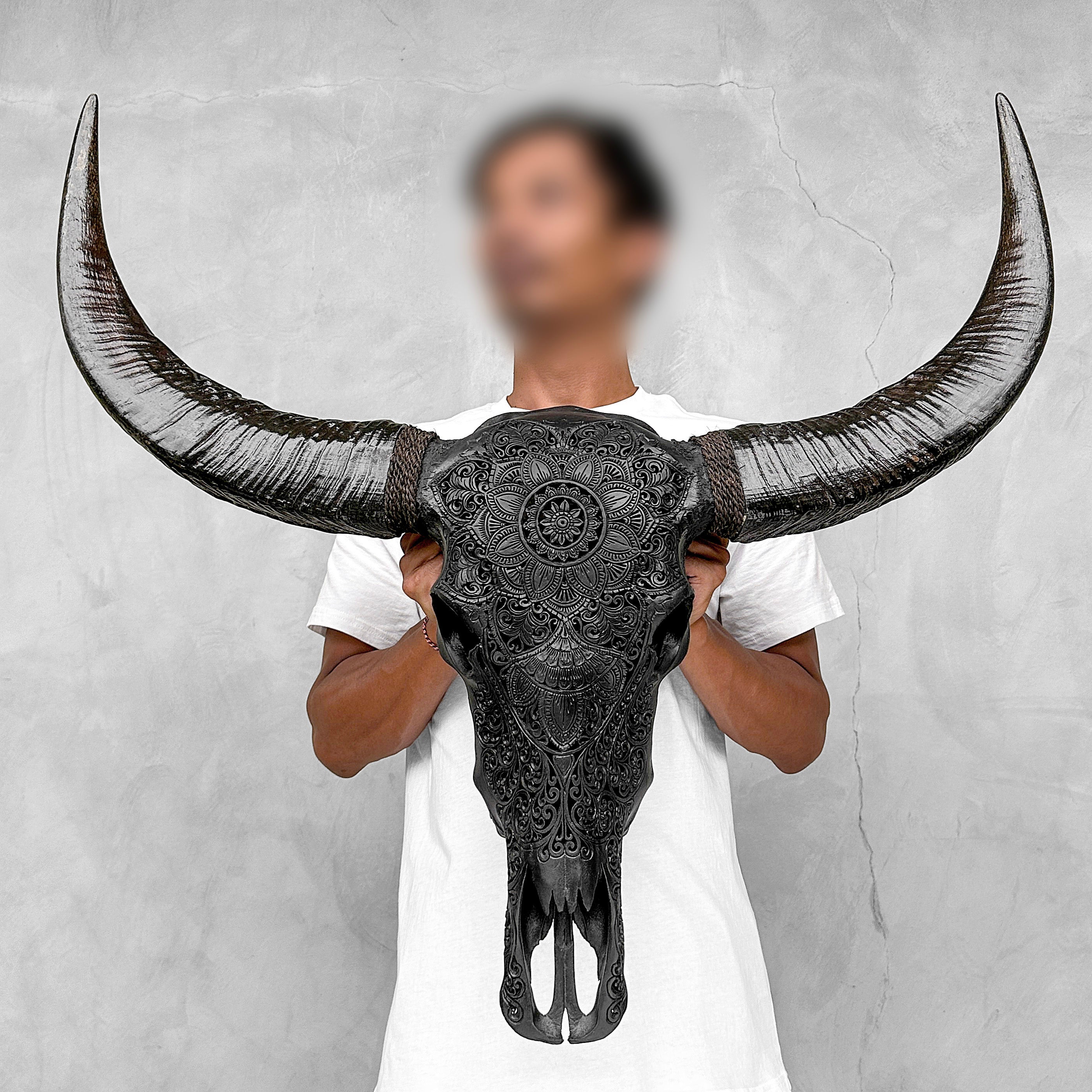 Caved Waterbuffalo Skulls with Flower Mandala Carving Skull,A/168