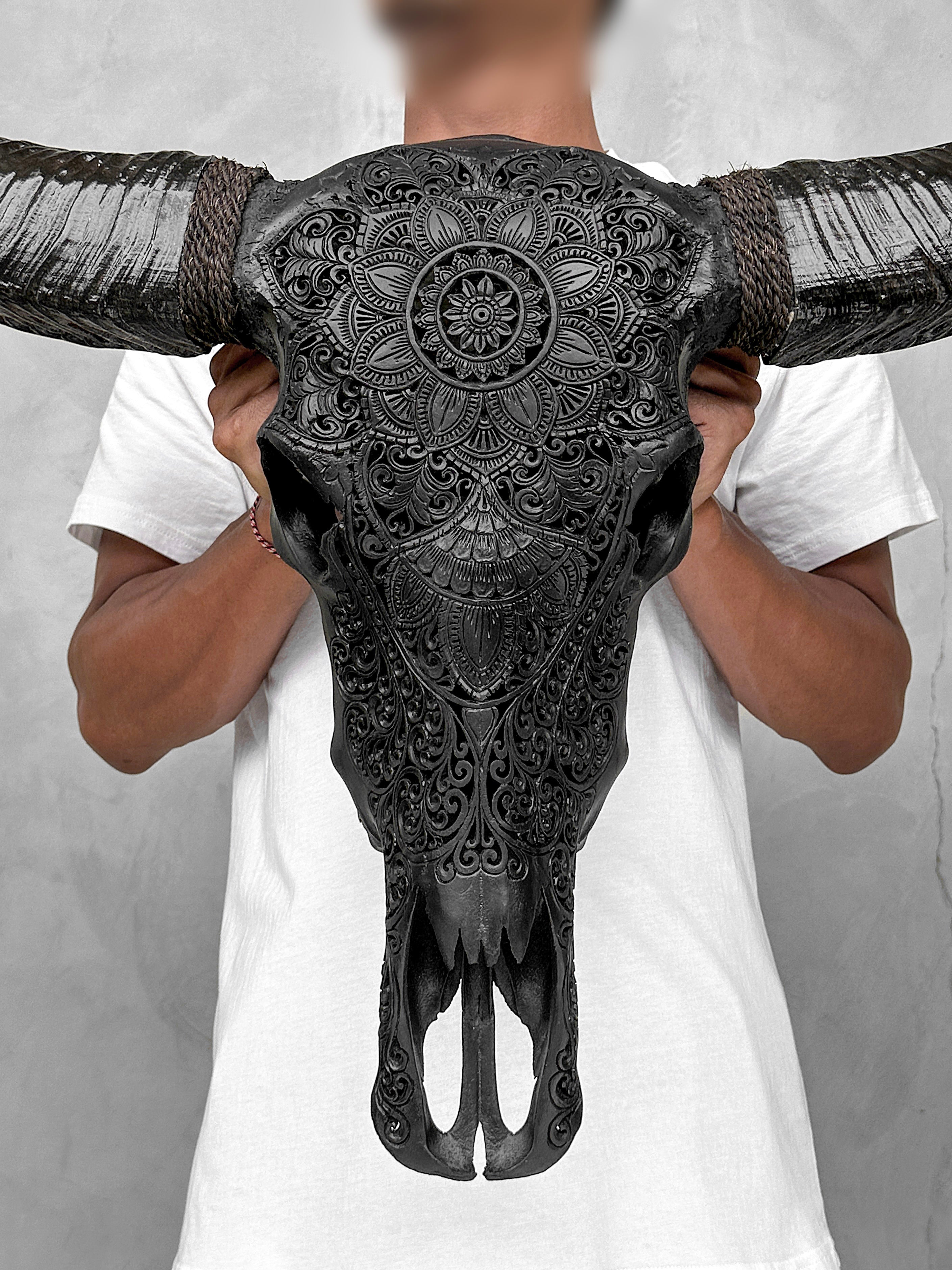Caved Waterbuffalo Skulls with Flower Mandala Carving Skull,A/168