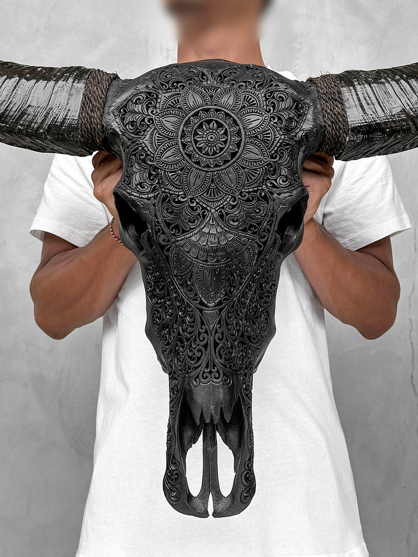 Caved Waterbuffalo Skulls with Flower Mandala Carving Skull,A/168