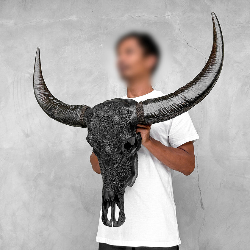 Caved Waterbuffalo Skulls with Flower Mandala Carving Skull,A/168