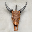 Fully Carved Cow Skull with Ketupat Design – Balinese Tribal Wall Art – Etched Horn Bone Sculpture in Natural Finish - Skull,A/083