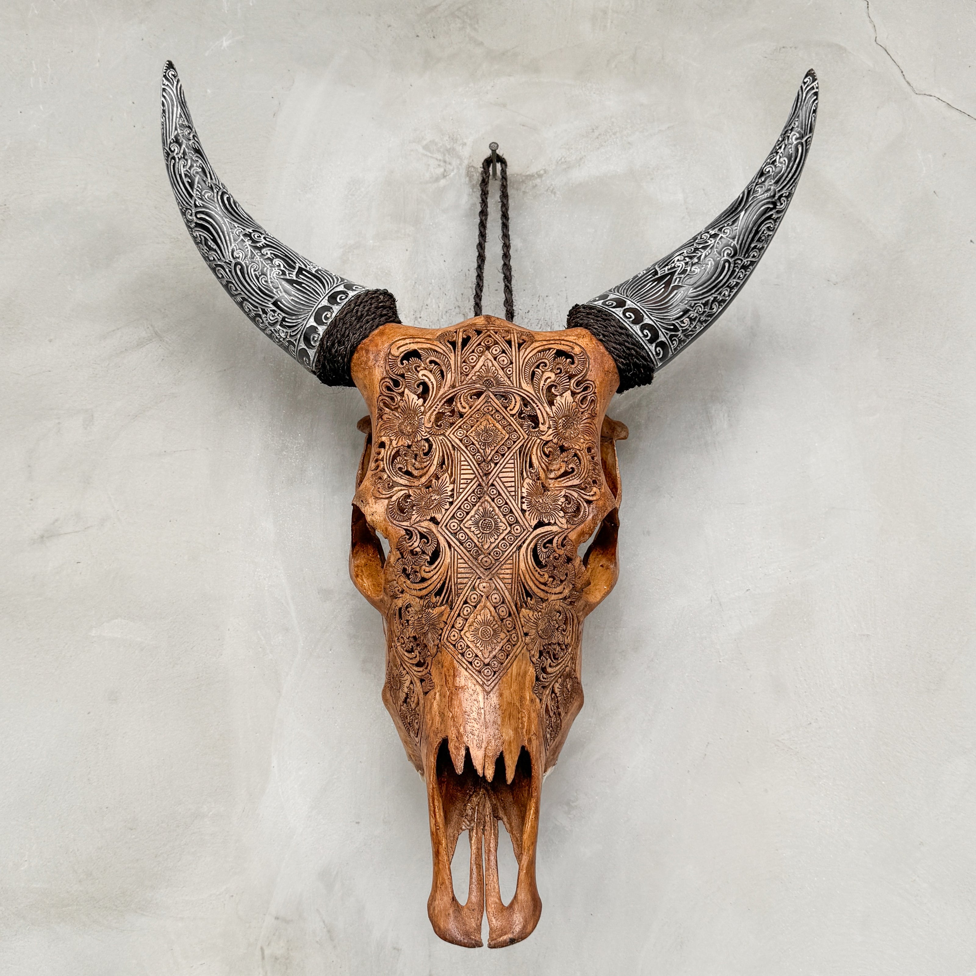 Fully Carved Cow Skull with Ketupat Design – Balinese Tribal Wall Art – Etched Horn Bone Sculpture in Natural Finish - Skull,A/083