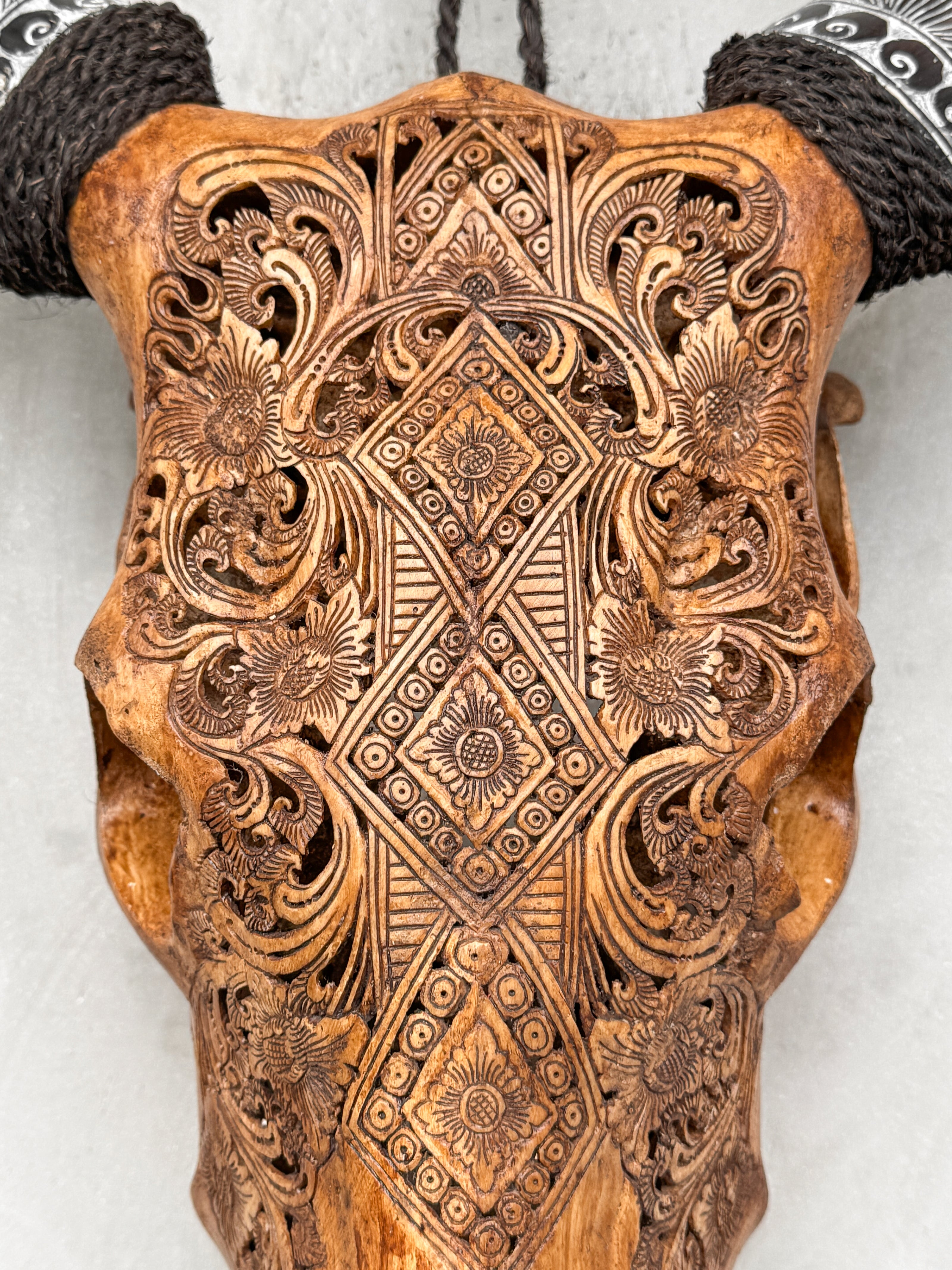 Fully Carved Cow Skull with Ketupat Design – Balinese Tribal Wall Art – Etched Horn Bone Sculpture in Natural Finish - Skull,A/083