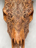 Fully Carved Cow Skull with Ketupat Design – Balinese Tribal Wall Art – Etched Horn Bone Sculpture in Natural Finish - Skull,A/083