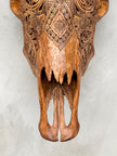 Fully Carved Cow Skull with Ketupat Design – Balinese Tribal Wall Art – Etched Horn Bone Sculpture in Natural Finish - Skull,A/083