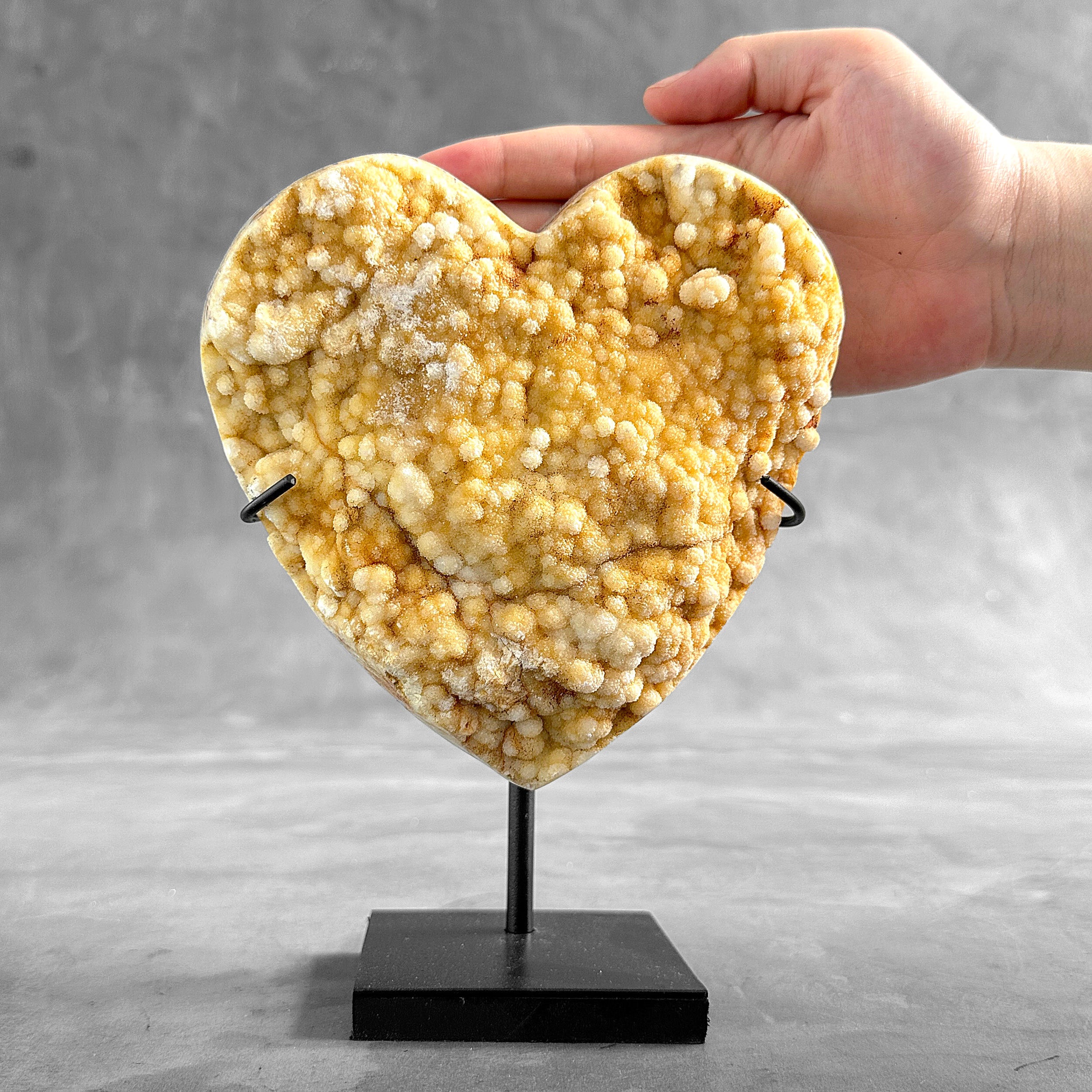 Stunning Heart Shape of Yellow Crystal Rock on a custom stand CH/518