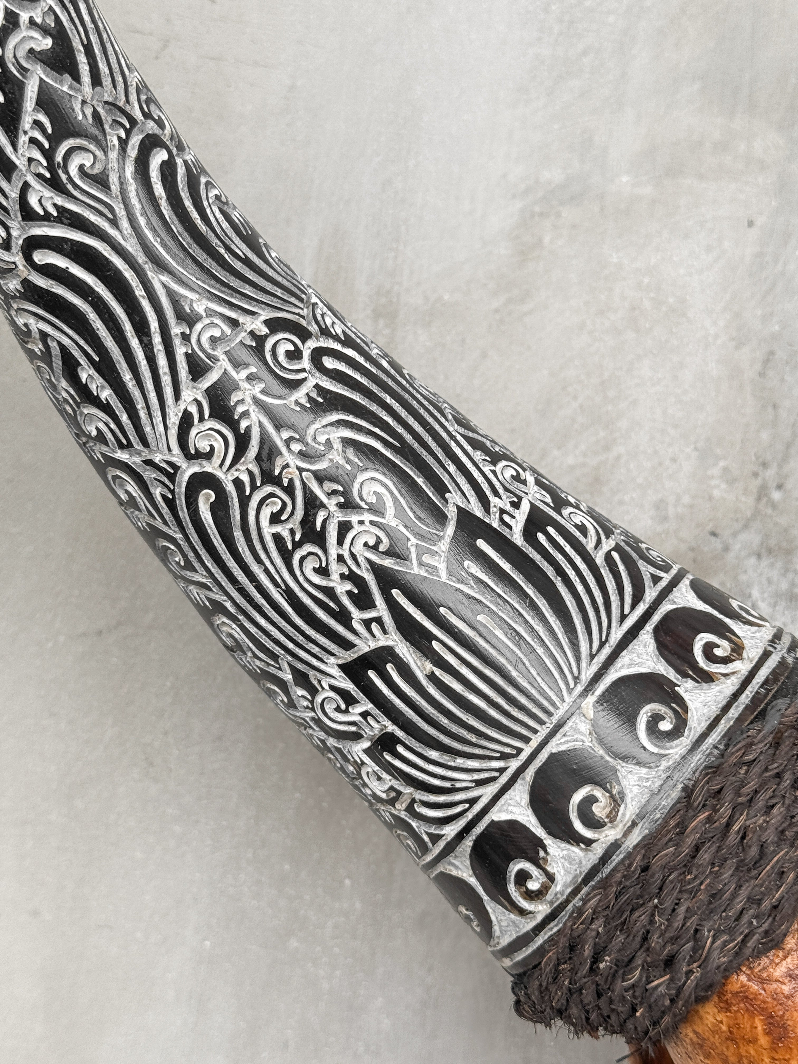 Fully Carved Cow Skull with Ketupat Design – Balinese Tribal Wall Art – Etched Horn Bone Sculpture in Natural Finish - Skull,A/083